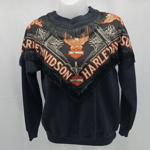 Vintage Harley Davidson Fringe Sweatshirt Black & Orange Graphic Biker Crewneck - Picture 2 of 11